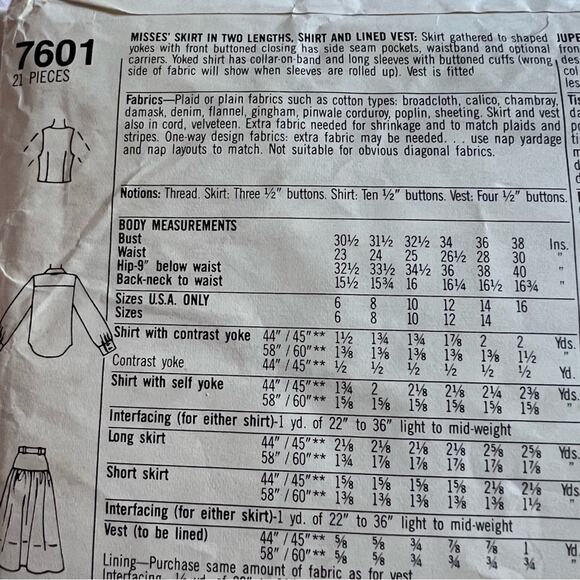 Simplicity 7601 Uncut Western Skirt | Shirt | Vest Sewing Pattern (Vintage 6-8) - Picture 4 of 7